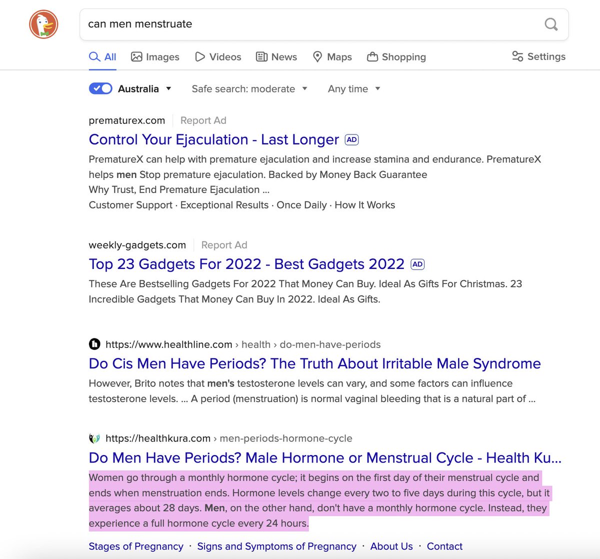 earthtorosita_'s tweet photo. DuckDuckGo VS Google on "Can men menstruate?" https://t.co/471L0sjSbA