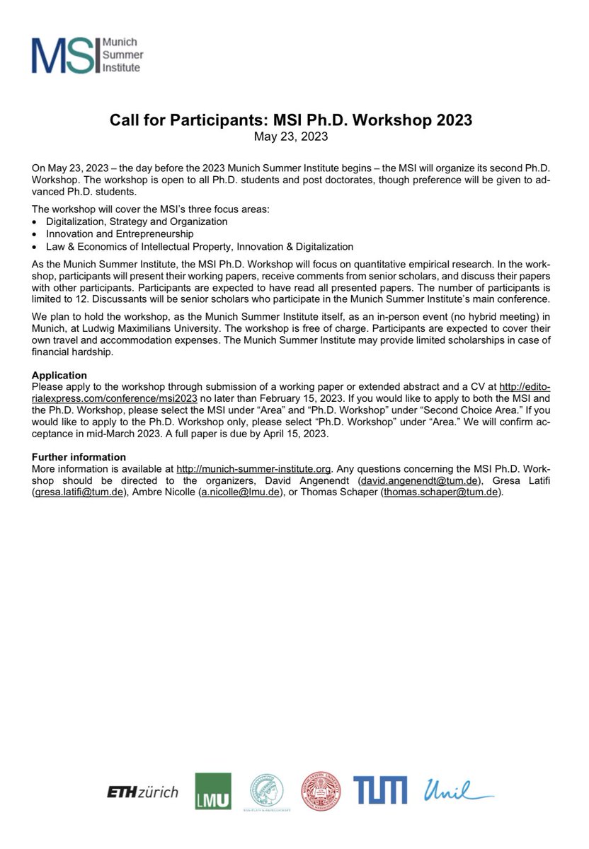 Dr. Gresa Latifi (@latifi_gresa) on Twitter photo On May 23, 2023 – the day before the 2023 Munich Summer Institute begins, <a href="/datanecon/">David T. Angenendt</a>, <a href="/AmbreNicolle/">Ambre Nicolle</a>, <a href="/ThomasSchaper/">Thomas Schaper</a>, and I will organize the second MSI Ph.D. Workshop, open to all Ph.D. students and post-doctorates. Apply with a WP until Feb 15, 2023 here: editorialexpress.com/conference/msi… On May 23, 2023 – the day before the 2023 Munich Summer Institute begins, <a href="/datanecon/">David T. Angenendt</a>, <a href="/AmbreNicolle/">Ambre Nicolle</a>, <a href="/ThomasSchaper/">Thomas Schaper</a>, and I will organize the second MSI Ph.D. Workshop, open to all Ph.D. students and post-doctorates. Apply with a WP until Feb 15, 2023 here: editorialexpress.com/conference/msi…