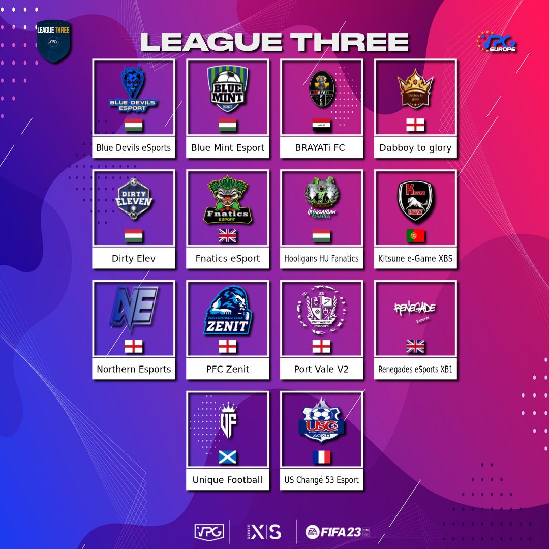 بسم الله الرحمن الرحيم 

VPG EUROPE LEAGUE THREE

FIFA 23 Pro clubs game XBOX S

<a href="/OfficialVPG/">Virtual Pro Gaming</a> #FIFA23