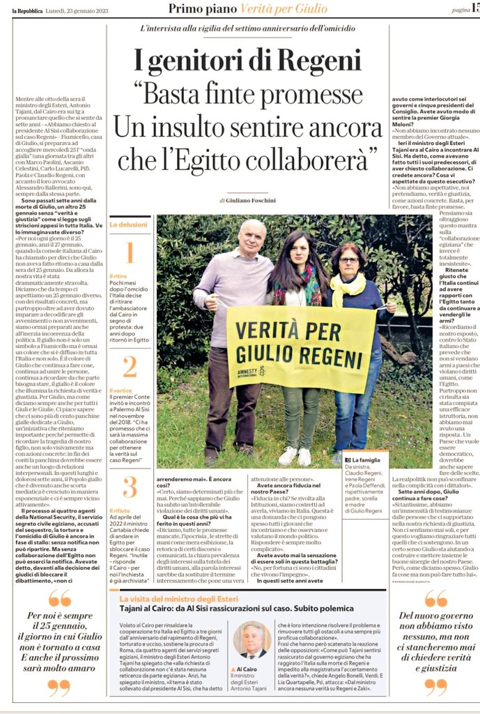"I genitori di Giulio #Regeni: basta finte promesse. Un insulto sentire ancora che l'Egitto collaborerà"
#veritaegiustiziaperGiulio #23gennaio
#7annisenzaGiulio #veritapergiulioregeni

Di <a href="/JulianFoschini/">giuliano foschini</a> Via <a href="/repubblica/">Repubblica</a>