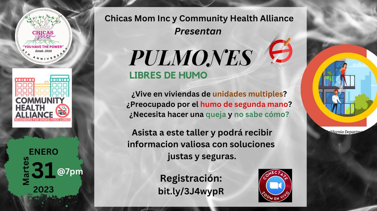Vives en un edificio de apartamentos y lidias cada dia con el humo de segunda mano de tus vecinos?integrantes de tu familia sufren de problemas respiratorios? No sabes ya qué hacer? Tienes derechos y puedes hacer algo al respecto. No te pierdas este taller.