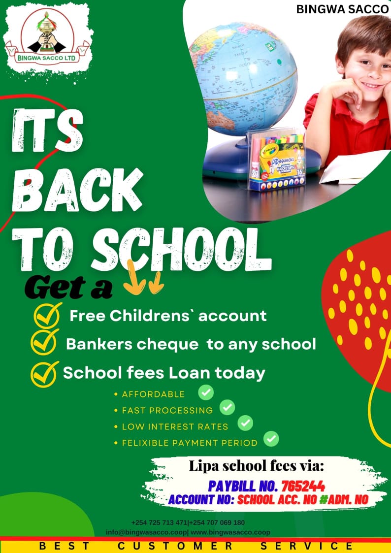 Dear member, its back to school take advantage of our affordable school fees loan, Cheque to school and or mobile banking via our pay bill number 765244. For assistance kindly call 0725713471 or pop in to any of our 19 branches.
#backtoschool 
#bestcustomercare