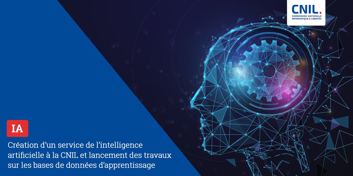 CNIL's tweet photo. #IntelligenceArtificielle : la CNIL crée un service #IA dédié pour renforcer son expertise sur ces systèmes et sa compréhension des risques pour la vie privée 👉 https://t.co/yQyvG0SIHr
À venir ➡️des premières recommandations sur le sujet des bases de #données d’apprentissage. https://t.co/IJkQ5dr9oZ