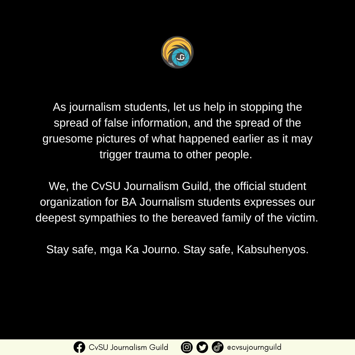 cvsujournguild's tweet photo. BASAHIN: Pahayag ng CvSU Journalism Guild patungkol sa nangyaring aksidente sa loob ng unibersidad. https://t.co/UlXXID1ZoV