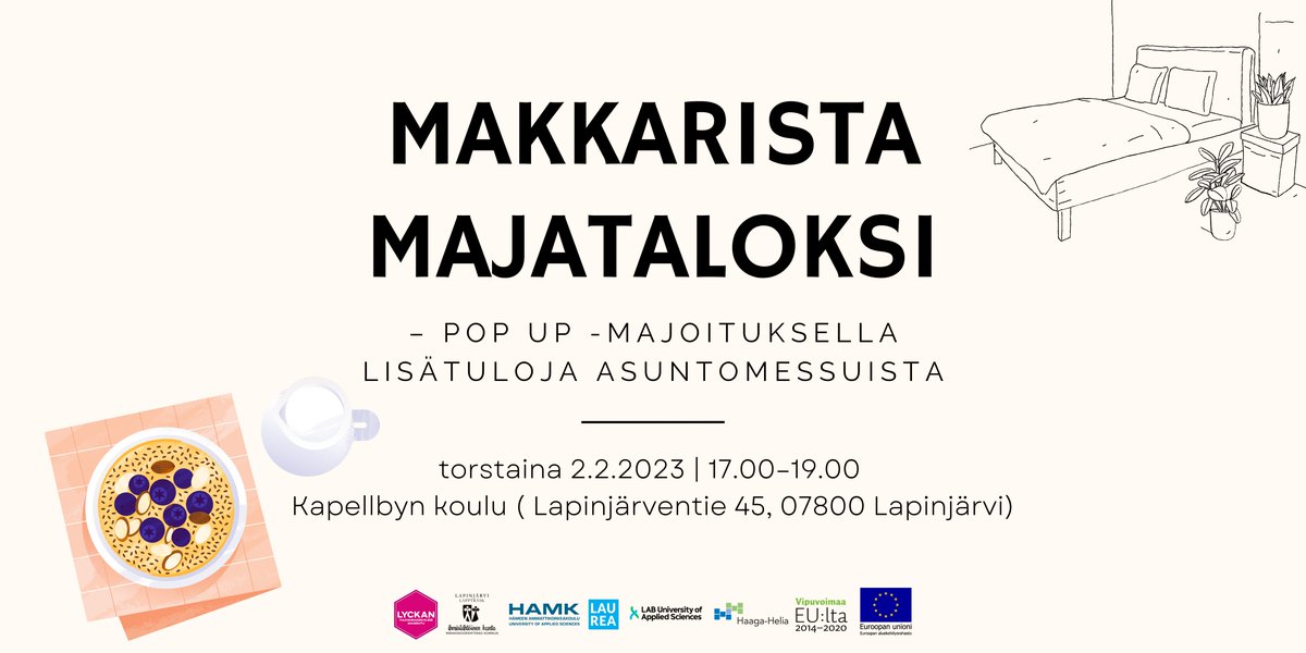 #Lapinjärven kuntalainen, yrittäjä tai yhdistystoimija: tule kuulemaan, miten voit ottaa tyhjän tilan majoituskäyttöön Loviisan asuntomessujen aikana. Tilaisuus järjestetään hybridinä.

Lue lisää: lyckanhub.fi/tapahtuma/makk…