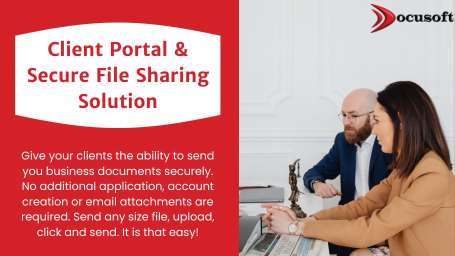 Docusoft's tweet photo. Give your clients the ability to send you business documents securely. No additional application, account creation or email attachments are required. Send any size file, upload, click and send. It is that easy! Learn more: https://t.co/tuTIjhruL9 #FileSharing #DocumentPortal https://t.co/kfbHsC1kRD