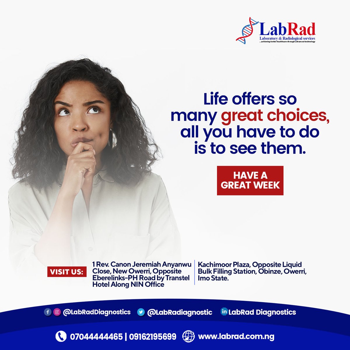 labradiagnostic's tweet photo. See the the great choices of life!

Have a beautiful week ahead!

#LabRadDiagnostics #LabRad #NewWeek #HappyNewWeek https://t.co/QboVsoH8mm