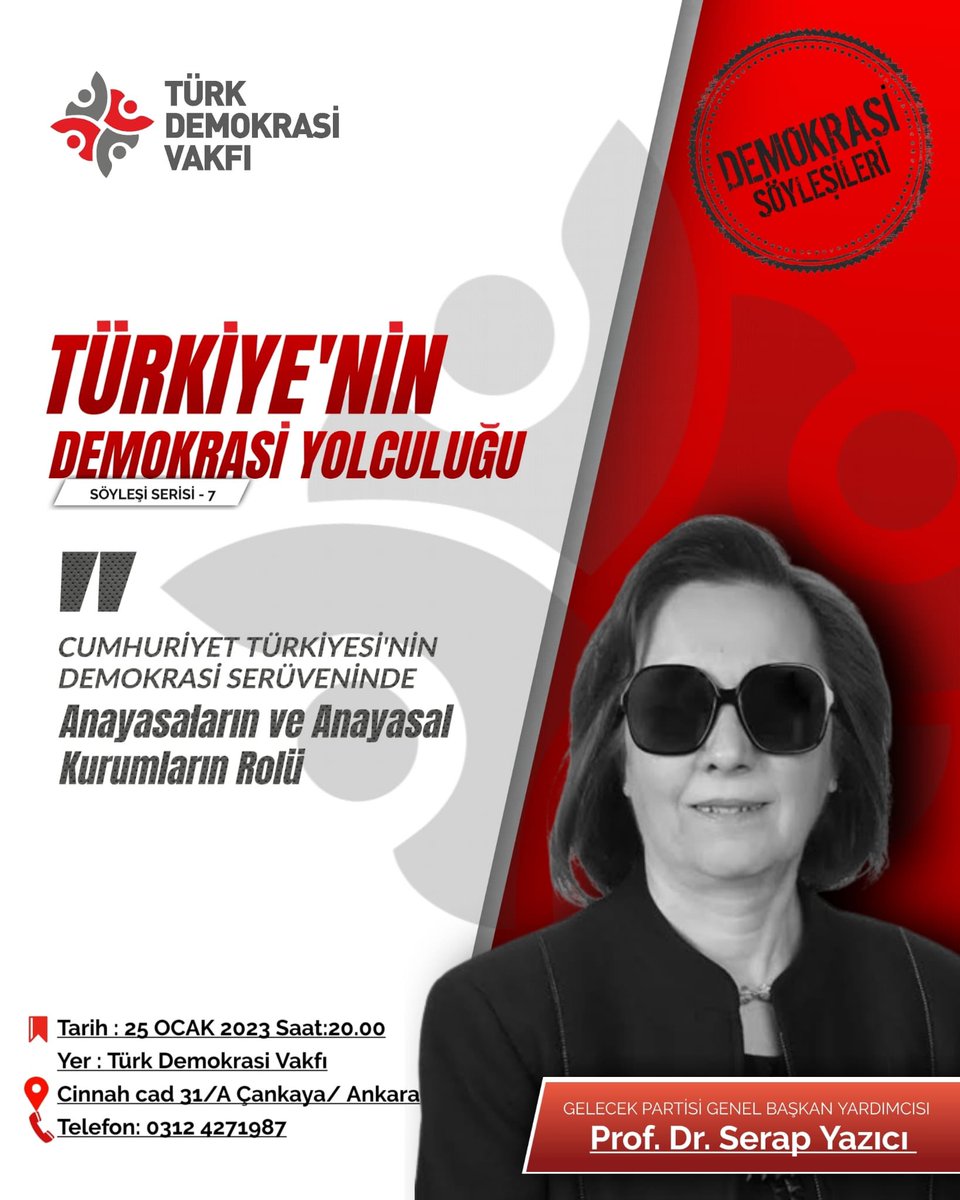 Demokrasi Söyleşilerimiz devam ediyor.

Bu hafta Çarşamba (25 Ocak 2023 saat 20:00) konuşmacımız; Anayasa Hukuku Profesörü ve 
<a href="/GelecekPartiTR/">Gelecek Partisi</a> 
Genel Başkan Yardımcısı Sn. Serap Yazıcı <a href="/SerapProf/">Prof. Dr. Serap Yazıcı Özbudun</a> 

Bekliyoruz ⬇️