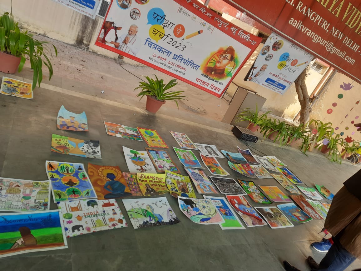 kvaairangpuri's tweet photo. 108 Students from 19 different  Delhi Schools, divulged their thoughts on how they can enjoy their Exams without Stress. Their Expressions poured into Painting and colours of happiness. PPC#2023@KVAAIRANGPURI 
 #PMO2023 #NarendraModi  #MOE  #kvs #mygov https://t.co/oEs9ROjfao
