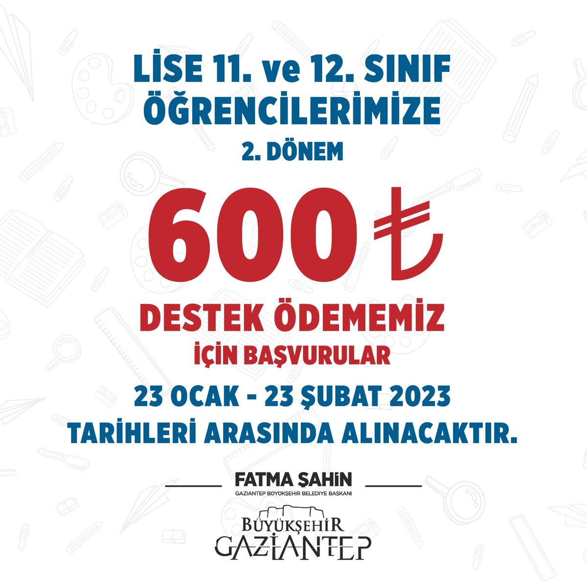 GaziantepBeld's tweet photo. Lise 11 ve 12’nci sınıf öğrencileri için 2’nci dönem 600 TL destek ödemesi başvuruları başladı. ⌛

#EğitimŞehriGaziantep olarak ö��rencilerimize destek olmaya devam ediyoruz.

🗓️23 Ocak- 23 Şubat arasında.

📝📱 Başvurular Kadın Kart mobil uygulamasından yapılacaktır. https://t.co/LQPrNTSMD5