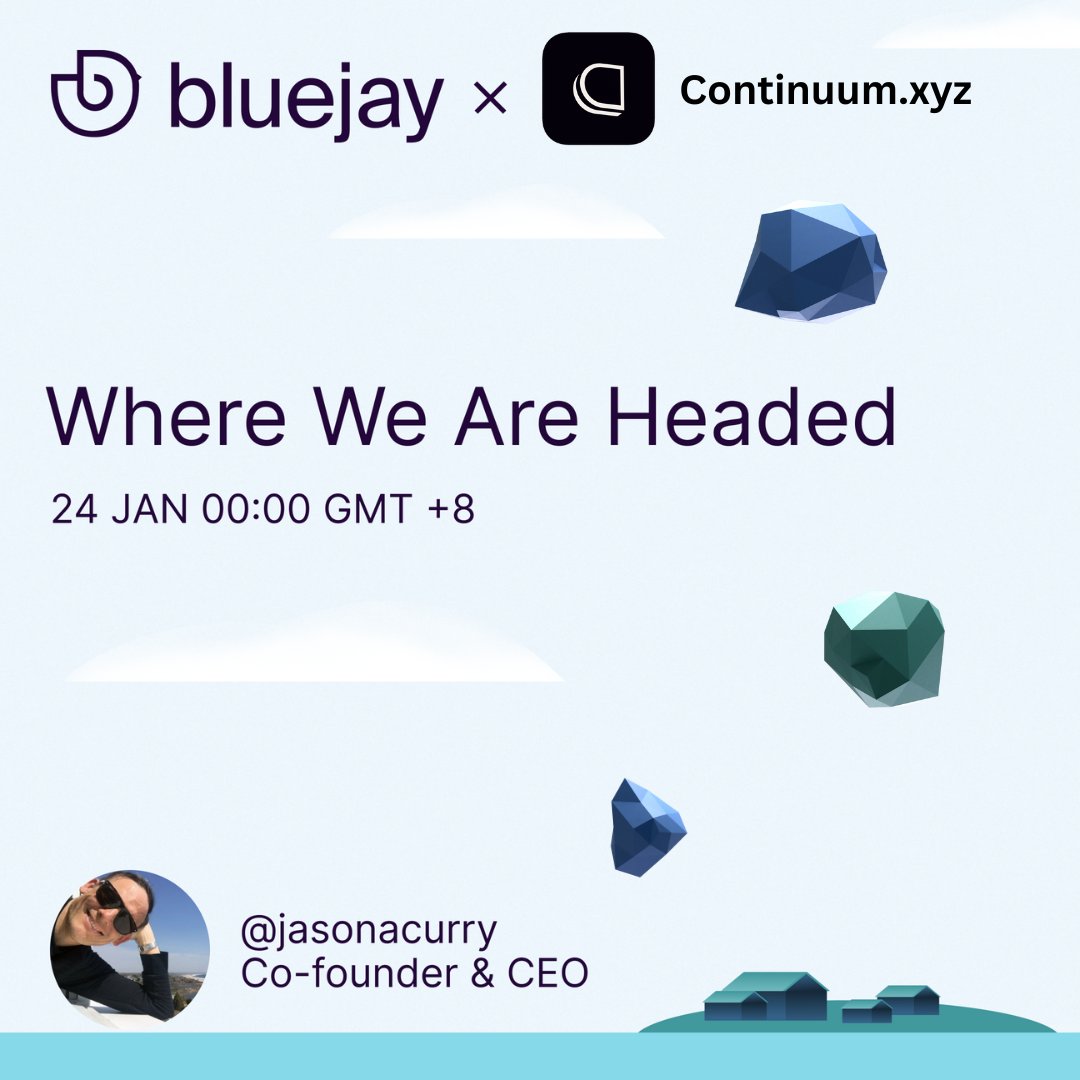 BluejayFinance's tweet image. GM GigaJays!

We will be having spaces with @jasonacurry from @continuumxyz on 24 JAN 12AM GMT +8 to learn more about where both Bluejay and Continuum are headed for the year!

Mark your calendars: