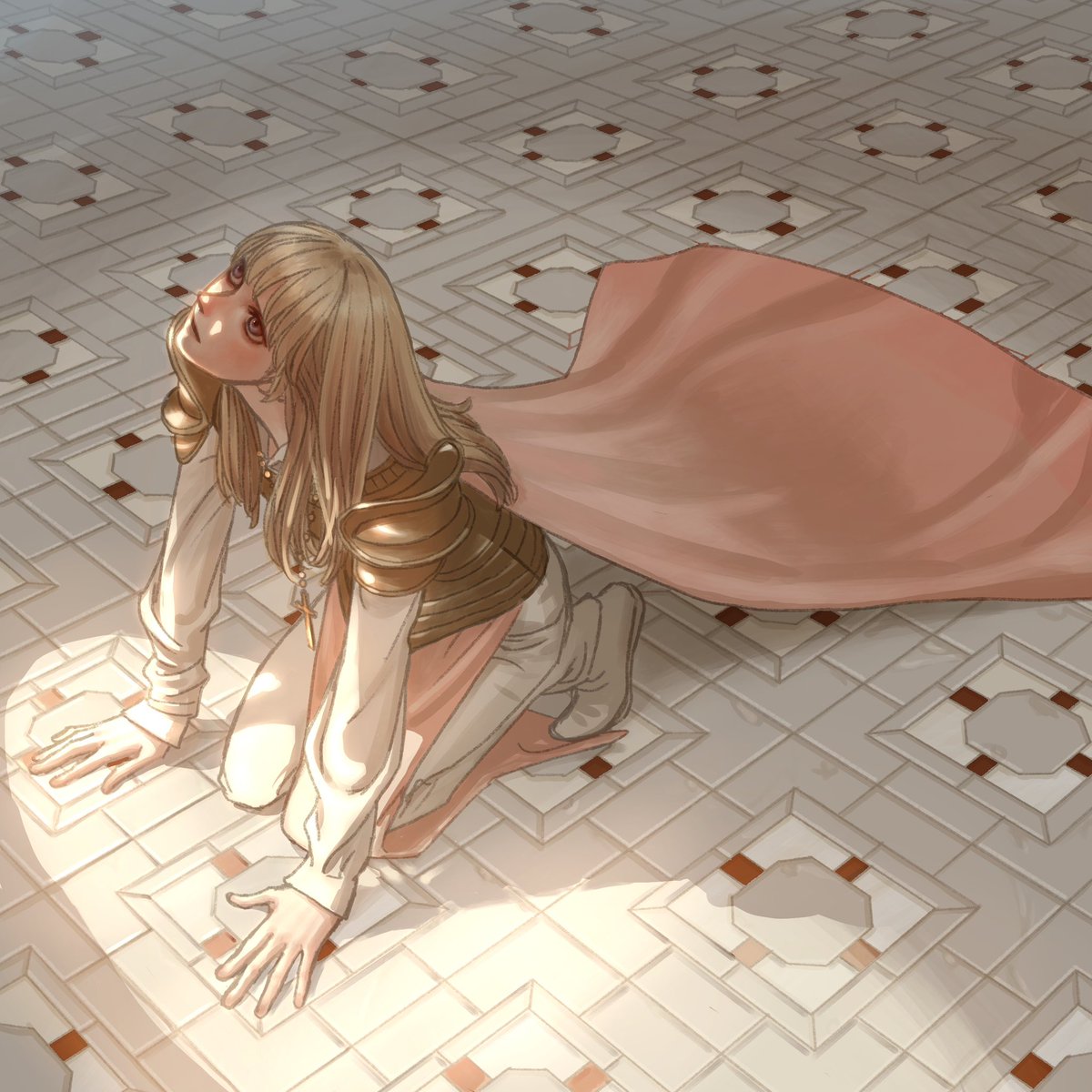 blonde hair cape kneeling long hair paper solo  illustration images