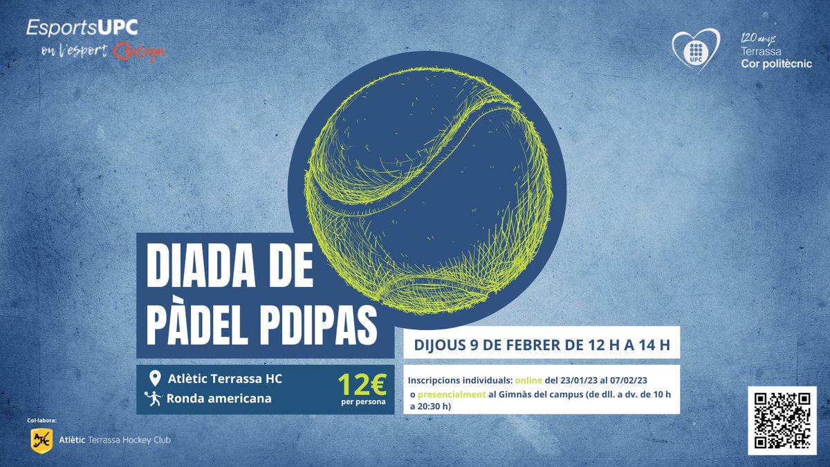 EsportsUPC's tweet photo. #PDIPAS I Comencen les inscripcions a la 1a Diada de Pàdel al #campusTerrassa exclussiva pel col·lectiu PDIPAS de @la_upc!
📆Dijous 9/2
🕙12 a 14 h
📍Atlètic Terrassa H C
✍Apunta'-t'hi online o al Gimnàs UPC de Terrassa fins al 7/2.
▶https://t.co/ecDy9wkoPi
#femUPC #upc https://t.co/tDSWH6caAw