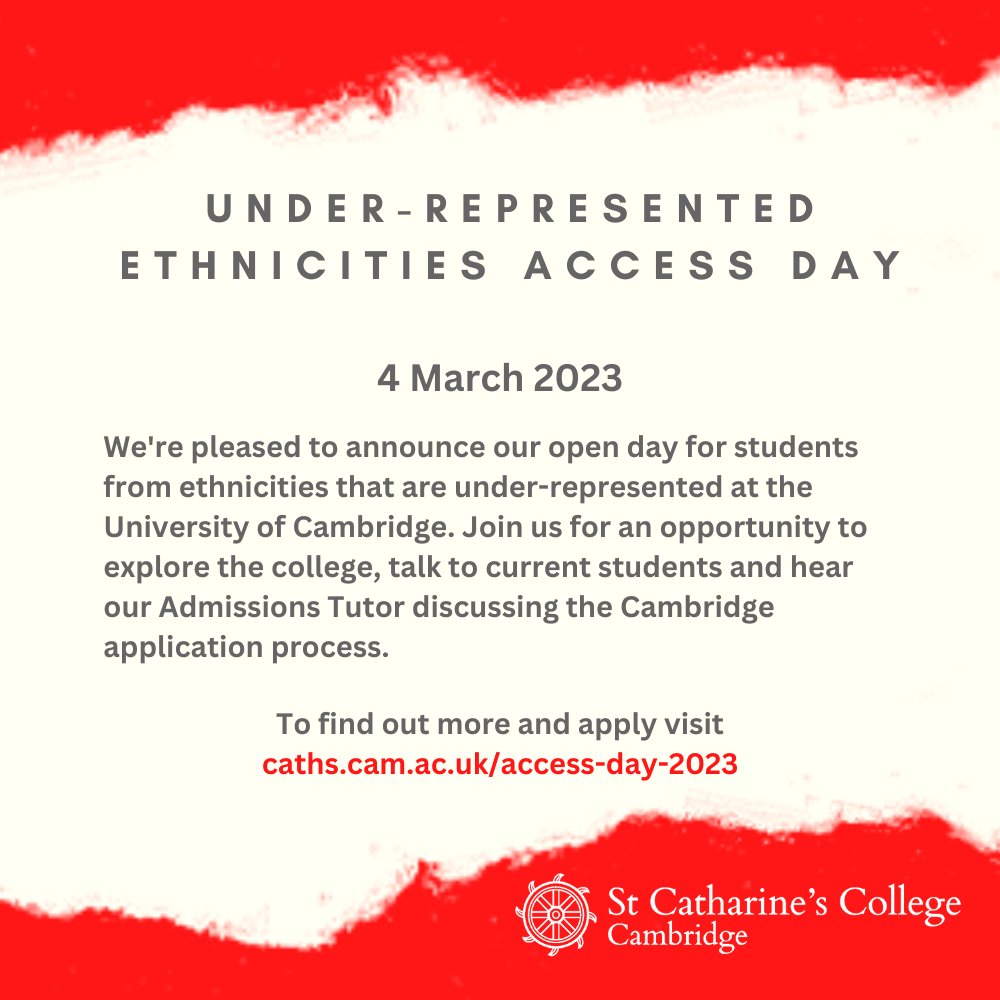 We're hosting a special access day on 4 March for Year 12 students who identify as Black African, Black Caribbean, Bangladeshi, Pakistani, Roma, Gypsy or Traveller - groups traditionally under-represented at <a href="/Cambridge_Uni/">Cambridge University</a>. Find out more &amp; apply by 12 Feb: caths.cam.ac.uk/outreach/ethni…