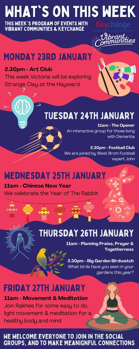 Keychange Charity (@keychange_) on Twitter photo Here's Whats Happening this week with Keychange and <a href="/ViCommunities/">Vibrant Communities</a>
Plenty of activities including a special celebration for Chinese New Year.
We wish everyone a safe, healthy and Happy week ahead! Here's Whats Happening this week with Keychange and <a href="/ViCommunities/">Vibrant Communities</a>
Plenty of activities including a special celebration for Chinese New Year.
We wish everyone a safe, healthy and Happy week ahead!