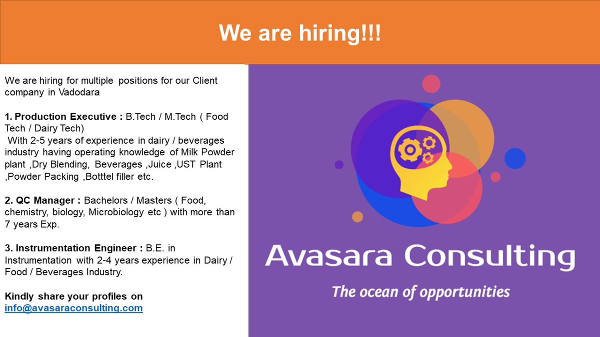 We are hiring...
#hiring #dairyindustry #dairyindustryopenings #avasaraconsulting #openings #foodindustryjobs