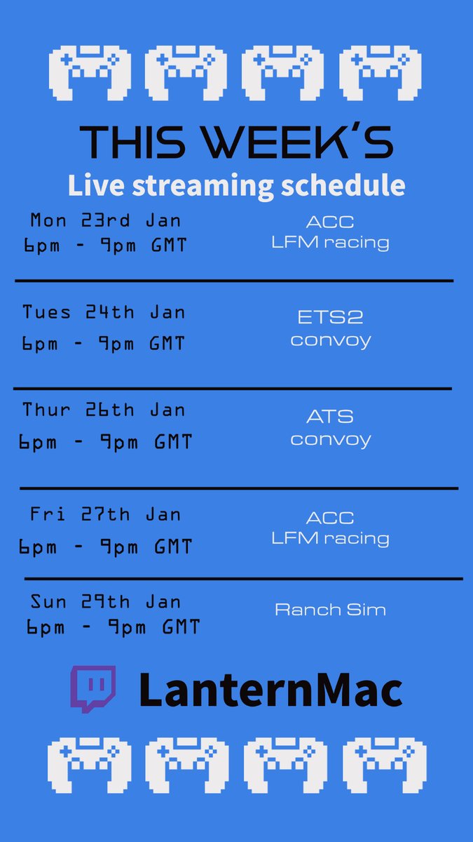 lantern_mac's tweet photo. My weekly streaming schedule.
@SCSsoftware @RanchSimulator @AC_assettocorsa @LFMotorsport @tracktitanio @LogitechG @fanatec @trackir
#BestCommunityEver #LanternMac #ContentCreator #Simracing
https://t.co/R3KIXwE4L9
Discord - https://t.co/rClEH0jRXJ https://t.co/OXxTSaXMFk