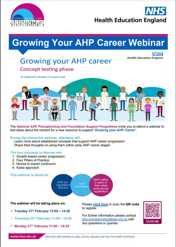 National AHP Preceptorship &amp; Foundation Support team invite AHP pre-registration learners,preceptees &amp; AHPs within 2 years of initial professional registration to webinar to test content for new resource to support Growing your AHP career. sign up below
forms.office.com/pages/response…