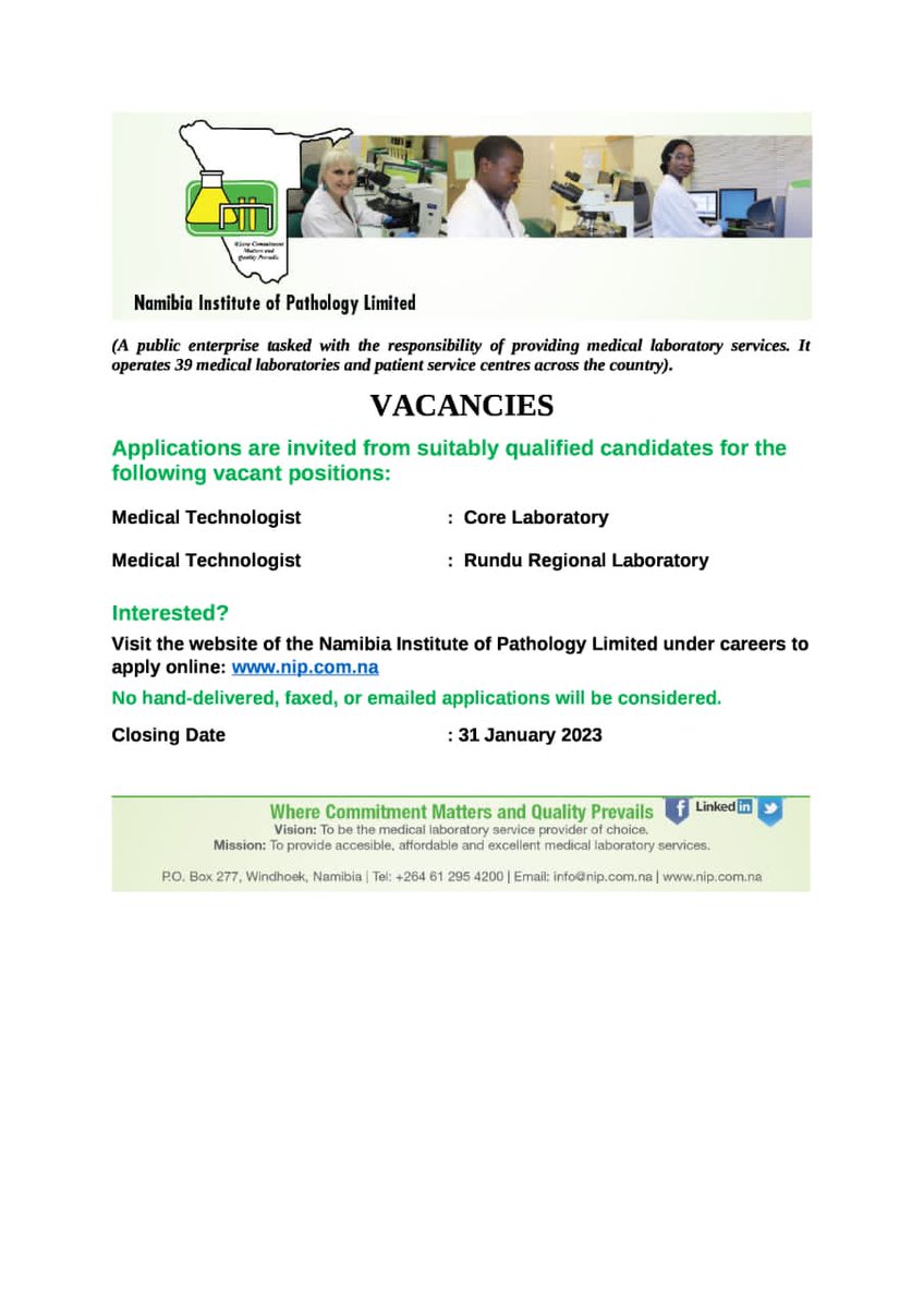 NamibiaNip's tweet image. We are hiring!

Please visit our website for more information.

#NIPWhereCommitmentMattersAndQualityPrevails