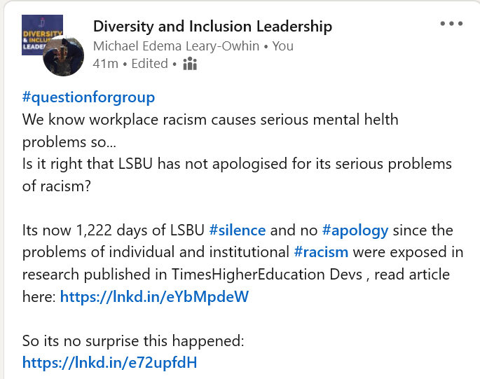 EyeUniversity's tweet image. #questionforgroup
We know UK workplace #racism causes serious mental health problems including #Suicides so...
Is it right that @LSBU has not apologised for its serious problems of institutional racism?
@HFEHMind @samaritans @LSBU_RaceGender @LSBU_BUS @LSBULabour @LSBStudentUnion