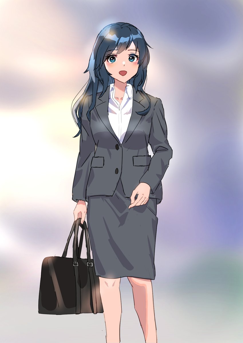 1girl solo skirt formal long hair bag suit  illustration images