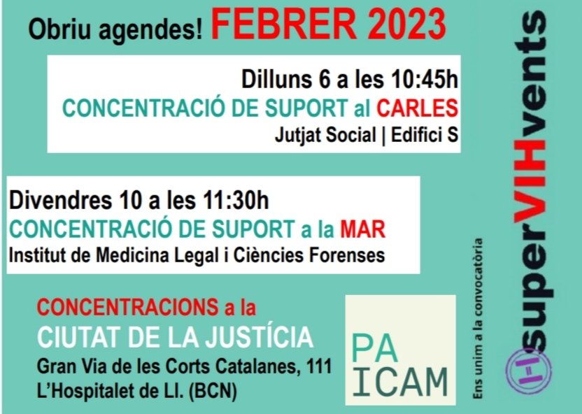Obriu agendes!
@SuperVIHvents i <a href="/LaPAICAM/">PAICAM Catalunya | perfil oficial</a> encetarem un febrer mogudet.
Prou judicialització de les malaltes, deixeu-nos emmalaltir amb dignitat!
Agrairem tot el suport que pugueu donar-nos, us necessitem a totes: