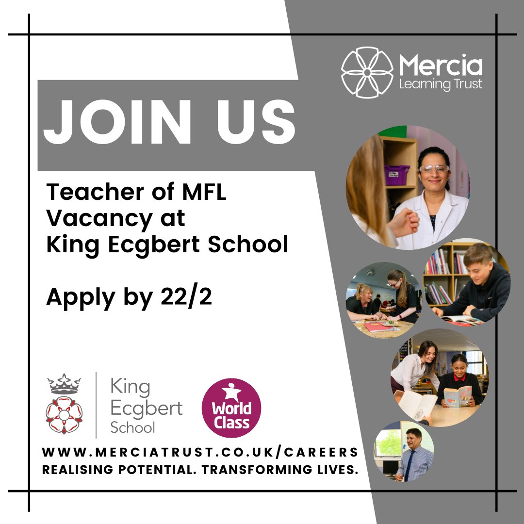 We seeking to appoint a highly skilled and talented Teacher of MFL to join this system leading school at the heart of @MerciaTrust
Start Sept 2023.

Find out more and apply:
merciatrust.co.uk/blog/?pid=198&…
#mflteacher #sheffieldschools #languagesteacher #sheffield #sheffjobs #teachingjob