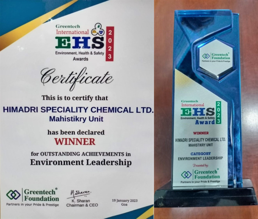 HimadriSpChem's tweet photo. We are elated to announce that #HimadriSpecialityChemicalLtd Mahistikry Unit has been declared winner for outstanding achievement in #EnvironmentLeadership at the #GreentechInternationalEHSAwards2023 on 19 Jan, 2023 in #Goa. #greentechevents #greentechfoundation #greentechaward https://t.co/Ea0EbkUTCv