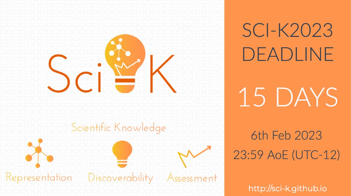 Sci-K @ ISWC2025 (@scik_workshop) on Twitter photo 15 DAYS for submitting to Sci-K 2023
Looking forward to reading your contributions!!
<a href="/TheWebConf/">The Web Conference</a> <a href="/scik_workshop/">Sci-K @ ISWC2025</a> #scik2023 #www2023 15 DAYS for submitting to Sci-K 2023
Looking forward to reading your contributions!!
<a href="/TheWebConf/">The Web Conference</a> <a href="/scik_workshop/">Sci-K @ ISWC2025</a> #scik2023 #www2023