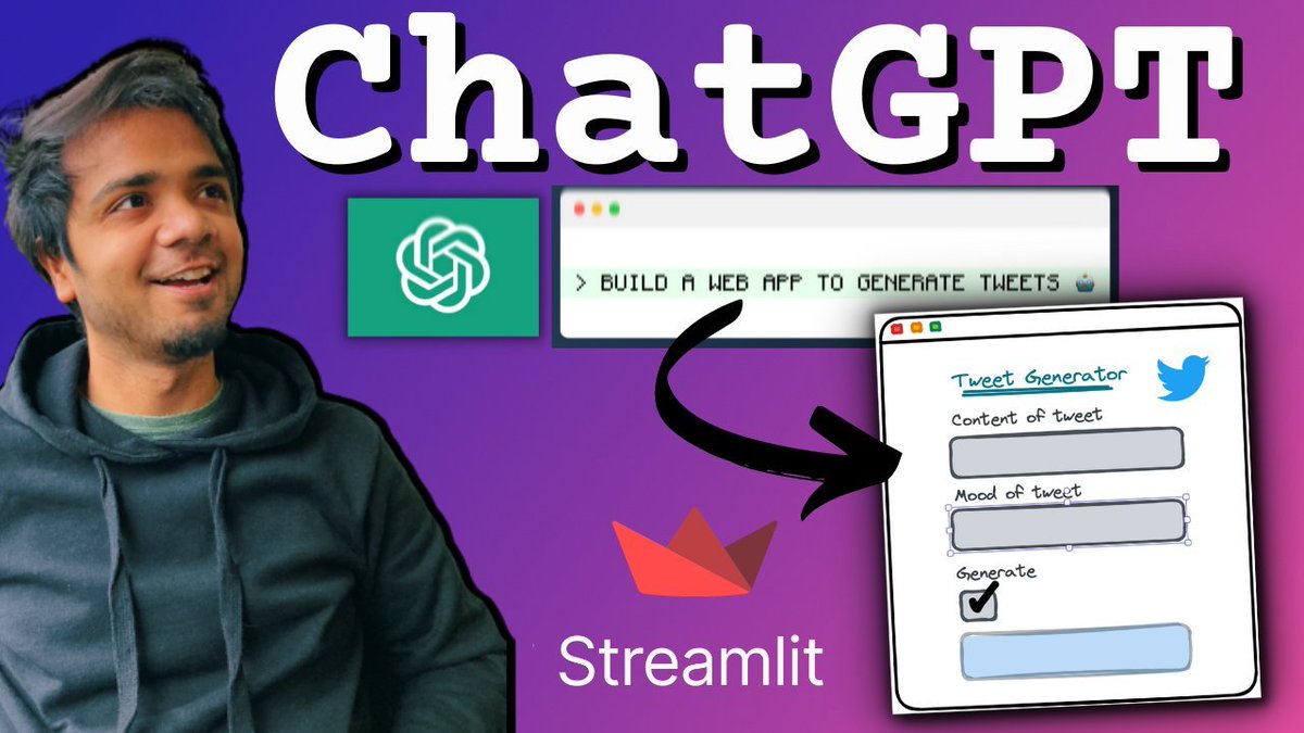 DataChaz's tweet image. Can't code? Ask #ChatGPT to design web apps for you! 🙌
Streamlit creator and friend @Avra_b shows you how to use #ChatGPT to build a #GPT3-powered tweet generator in @Streamlit! 🎈🔥
📹 youtu.be/8eevfJ-qk7U