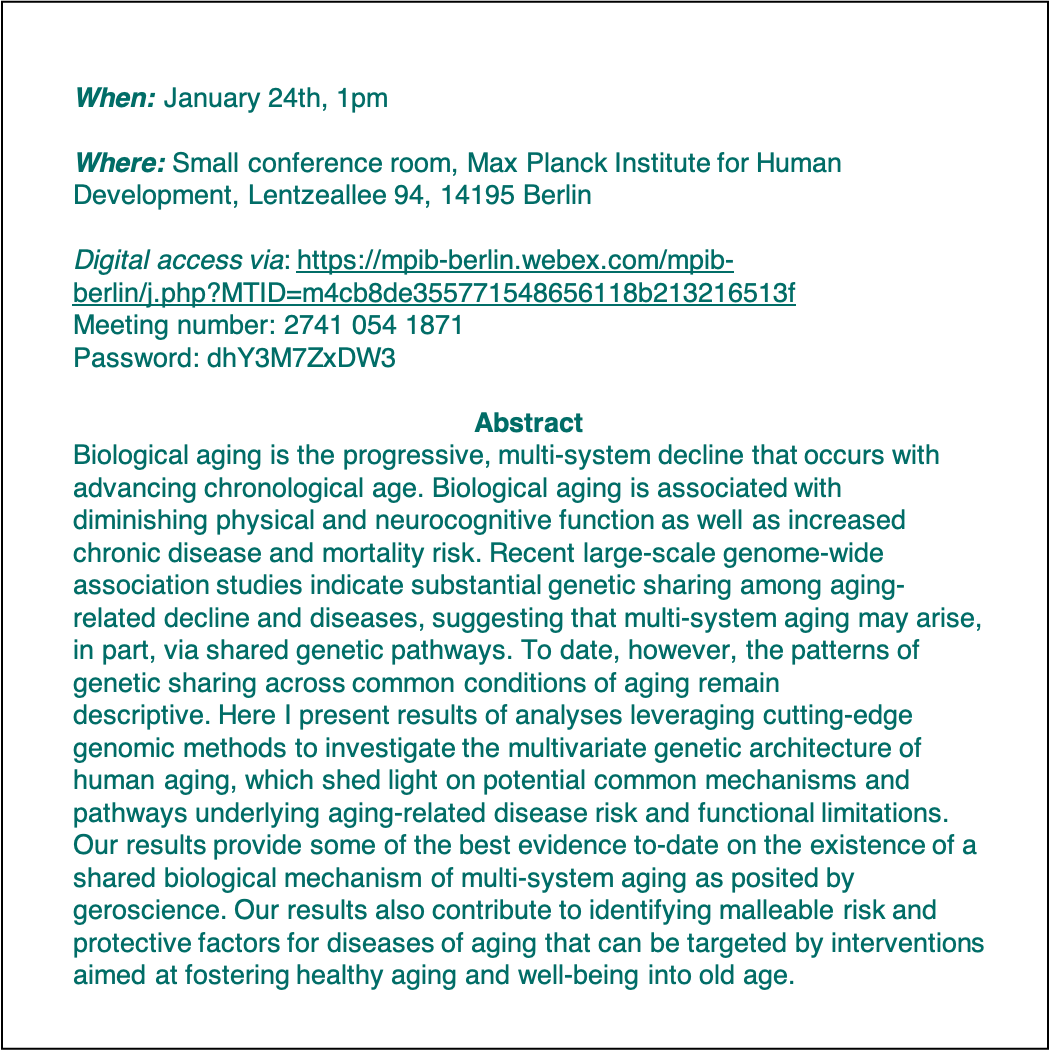 Deniz Fraemke (@deniz_framke) on Twitter photo 2023-01-23 09:49:31 See you tomorrow at @Dr_delaFuente exciting talk at @mpib_berlin on the genetic architecture of health and aging 🧬🧓⚕️ !! You are cordially invited to this hybrid event co-hosted by the MPRG Biosocial and @lip_mpib ⏰⏲️24 Jan, 1 pm Digital access via: mpib-berlin.webex.com/mpib-berlin/j.… See you tomorrow at @Dr_delaFuente exciting talk at @mpib_berlin on the genetic architecture of health and aging 🧬🧓⚕️ !! You are cordially invited to this hybrid event co-hosted by the MPRG Biosocial and @lip_mpib ⏰⏲️24 Jan, 1 pm Digital access via: mpib-berlin.webex.com/mpib-berlin/j.…