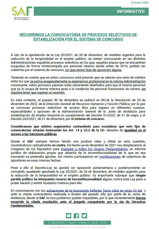 Saf_Andalucia's tweet photo. 📢📢📢Recurrimos la convocatoria de procesos selectivos de estabilización por el sistema de concurso en la @AndaluciaJunta 📢📢📢

@asoc_dtl https://t.co/EMhpNqIEpr