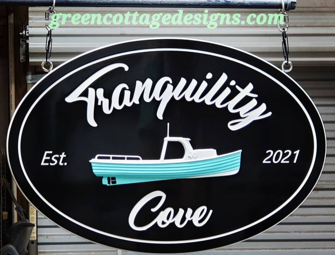 Fishing Boat Sign by greencottagedesigns.com Carved PVC Outdoor Signs #FishingGirls #boating #customsigns #MarathonFlorida #TranquilityCove