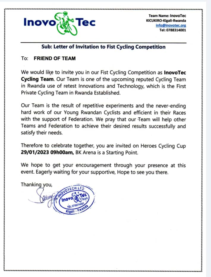 JAVA-INOVOTEC PRO-TEAM (@inovotec) on Twitter photo #RwOT you are all invited
Mwese muratumiwe kuza gushyigikira ikipe yanyu.
We are aiming to take podium and all medals ๐
<a href="/Annemwiza/">NIWEMWIZA Anne Marie</a> <a href="/GussBigirimana/">๐
ถ๐๐๐๐ท๐ผ</a> <a href="/TityKayishema/">Kayishema Tity Thierry</a> <a href="/rbarwanda/">Rwanda Broadcasting Agency (RBA)</a> <a href="/Radiorwanda_RBA/">RADIO RWANDA</a> <a href="/Radiotv10rwanda/">RadioTv10 Rwanda</a> @bbfmumwezi <a href="/cyclingrwanda/">๐๐๐๐๐ผ๐พ๐</a> <a href="/ceo_imbankrw/">Benjamin Mutimura</a> <a href="/imbankrw/">I&M Bank (Rwanda) Plc.</a> <a href="/Fiona_Kamikazi/">Fiona Kamikazi Rutagengwa</a> #RwOT you are all invited
Mwese muratumiwe kuza gushyigikira ikipe yanyu.
We are aiming to take podium and all medals ๐
<a href="/Annemwiza/">NIWEMWIZA Anne Marie</a> <a href="/GussBigirimana/">๐
ถ๐๐๐๐ท๐ผ</a> <a href="/TityKayishema/">Kayishema Tity Thierry</a> <a href="/rbarwanda/">Rwanda Broadcasting Agency (RBA)</a> <a href="/Radiorwanda_RBA/">RADIO RWANDA</a> <a href="/Radiotv10rwanda/">RadioTv10 Rwanda</a> @bbfmumwezi <a href="/cyclingrwanda/">๐๐๐๐๐ผ๐พ๐</a> <a href="/ceo_imbankrw/">Benjamin Mutimura</a> <a href="/imbankrw/">I&M Bank (Rwanda) Plc.</a> <a href="/Fiona_Kamikazi/">Fiona Kamikazi Rutagengwa</a>