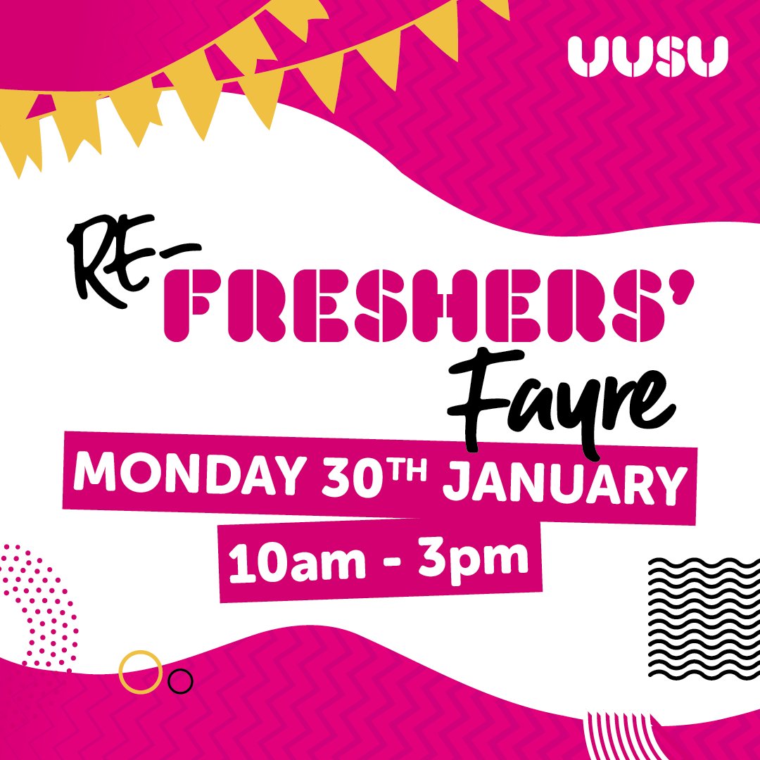 𝑻𝒊𝒎𝒆 𝒇𝒐𝒓 𝑹𝑬𝑭𝑹𝑬𝑺𝑯𝑬𝑹𝑺!
Monday 30th January 10am - 3pm
Belfast - BC foyer  
Coleraine - Bridge 
Magee - Sports Centre

Find out how to join a club or society or chat with the Student Voice Team about running in our leadership elections 

 uusu.org/ents/event/234…