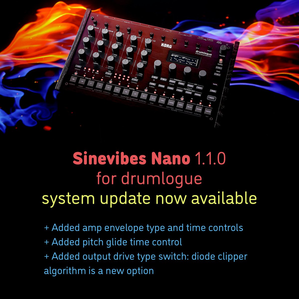 Sinevibes's tweet image. Happy to let you know that drumlogue update 1.1.0  features an update for our Nano virtual analog synthesizer! New features include amp envelope and pitch glide controls, plus new diode clipper output drive option. #korgdrumlogue #loguesdk @korg_inc @KorgUK @KorgUSA @KorgDe
