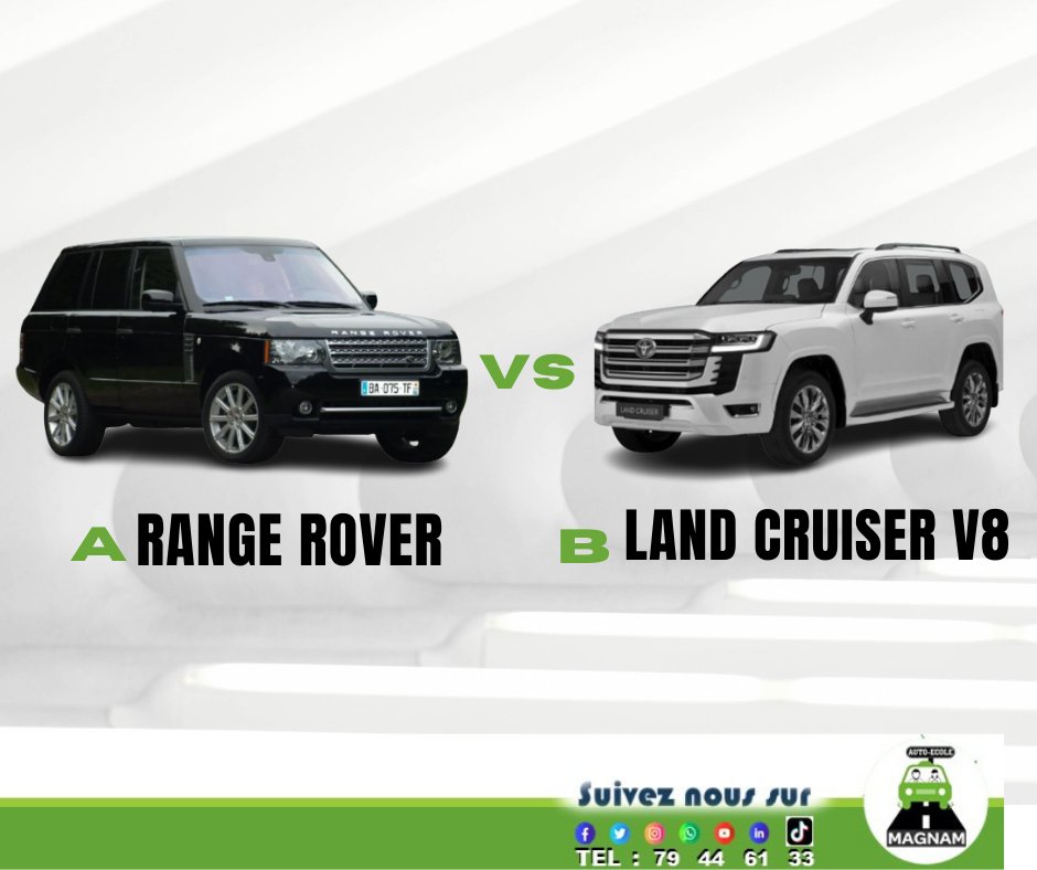 MagnamAuto's tweet image. 𝙌𝙐𝙀𝙇𝙇𝙀 𝙀𝙎𝙏 𝙑𝙊𝙏𝙍𝙀 𝙑𝙊𝙄𝙏𝙐𝙍𝙀 𝙋𝙍𝙀́𝙁𝙀́𝙍𝙀́𝙀 ?

🅰. RANGE ROVER
🅑. LAND CRUISER V8

Expliquez votre choix dans les commentaires. 😄

📞 79 44 61 33
📌 Sogoniko près de la Station Shell .

#autoécole #Magnam #Mali #SécuritéRoutière #savoirconduire
