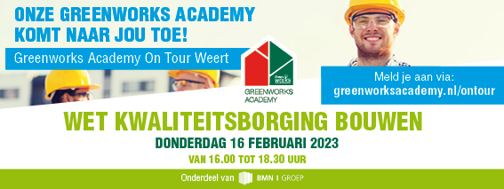 De Greenworks Academy komt naar jou toe.
BMN Weert – 16 februari 2023

Demo 1 – CPG – Luchtdicht bouwen
Demo 2 – Ubbink – Dakdoorvoeren
Demo 3 – Isobouw – Isoleren van het dak
Demo 4 – Onze eigen Prefab specialist – Prefab bouwen

Gratis aanmelden: greenworksacademy.nl/ontour/