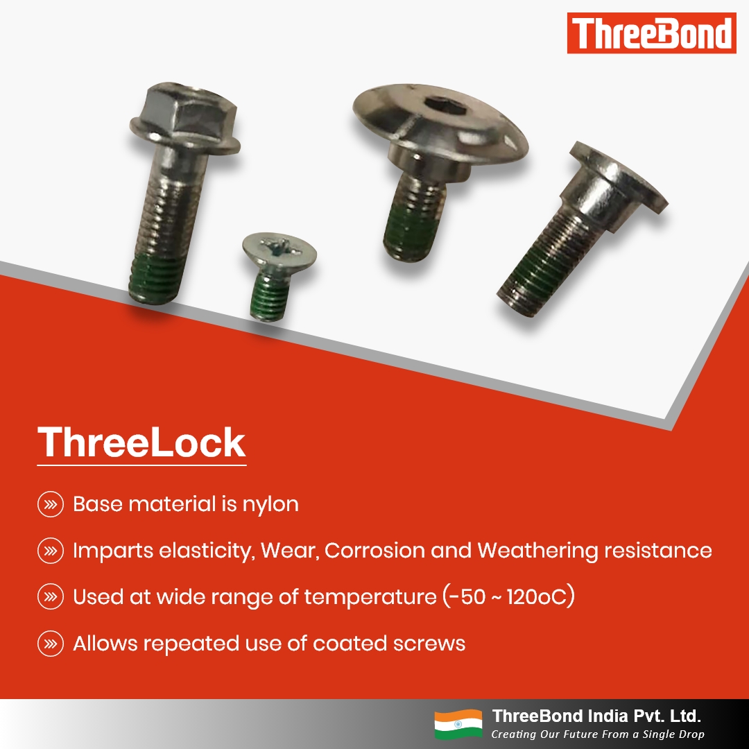 ThreeBondIndia's tweet image. 𝐓𝐡𝐫𝐞𝐞𝐋𝐨𝐜𝐤
👉Base material is nylon
👉Imparts elasticity, Wear, Corrosion and Weathering resistance
👉Used at wide range of temperature (-50 ~ 120°C)
👉Allows repeated use of coated screws
#microencapsulation #threebondindia