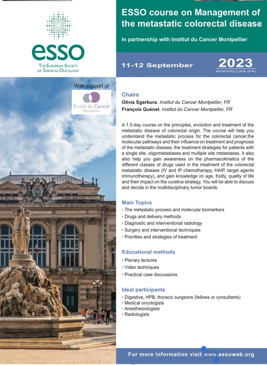 Olivia Sgarbura (@oliviawriting) on Twitter photo To start the week well, we are announcing our <a href="/ESSOnews/">European Society of Surgical Oncology (ESSO)</a> course on the management of colorectal metastatic disease in September. Registration is now open and everything you need is on the website
essoweb.org/courses/esso-c…
@RENAPE_Network <a href="/PSOGI_EC/">Peritoneal Surface Oncology Group International</a> <a href="/ISSPP1/">ISSPP</a> <a href="/hpb_so/">SoMe4HPB</a> <a href="/SPeritoneum/">SoMe4Peritoneum</a> To start the week well, we are announcing our <a href="/ESSOnews/">European Society of Surgical Oncology (ESSO)</a> course on the management of colorectal metastatic disease in September. Registration is now open and everything you need is on the website
essoweb.org/courses/esso-c…
@RENAPE_Network <a href="/PSOGI_EC/">Peritoneal Surface Oncology Group International</a> <a href="/ISSPP1/">ISSPP</a> <a href="/hpb_so/">SoMe4HPB</a> <a href="/SPeritoneum/">SoMe4Peritoneum</a>