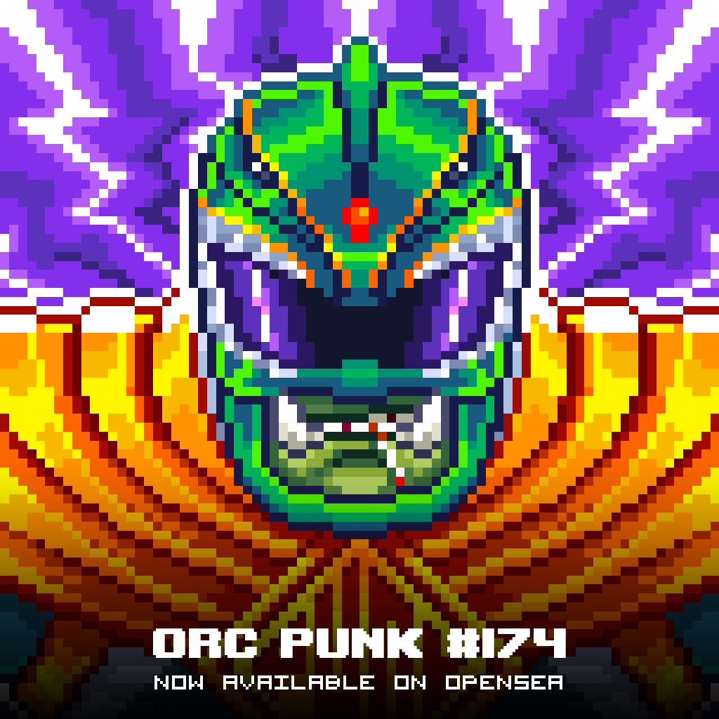 The New Mighty Morphin Orc Punk 174 now available on <a href="/opensea/">OpenSea</a>

#nft #nftcommunity #pixelarts #polygonnft #opensea