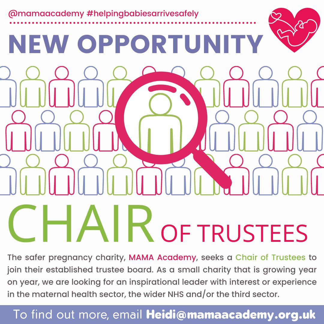 If you would like more information on this exciting role, please email Heidi our MAMA Academy CEO at Heidi@mamaacademy.org.uk

#jobopportunity #charityjob #chairoftrustees #trusteeboardvacancy