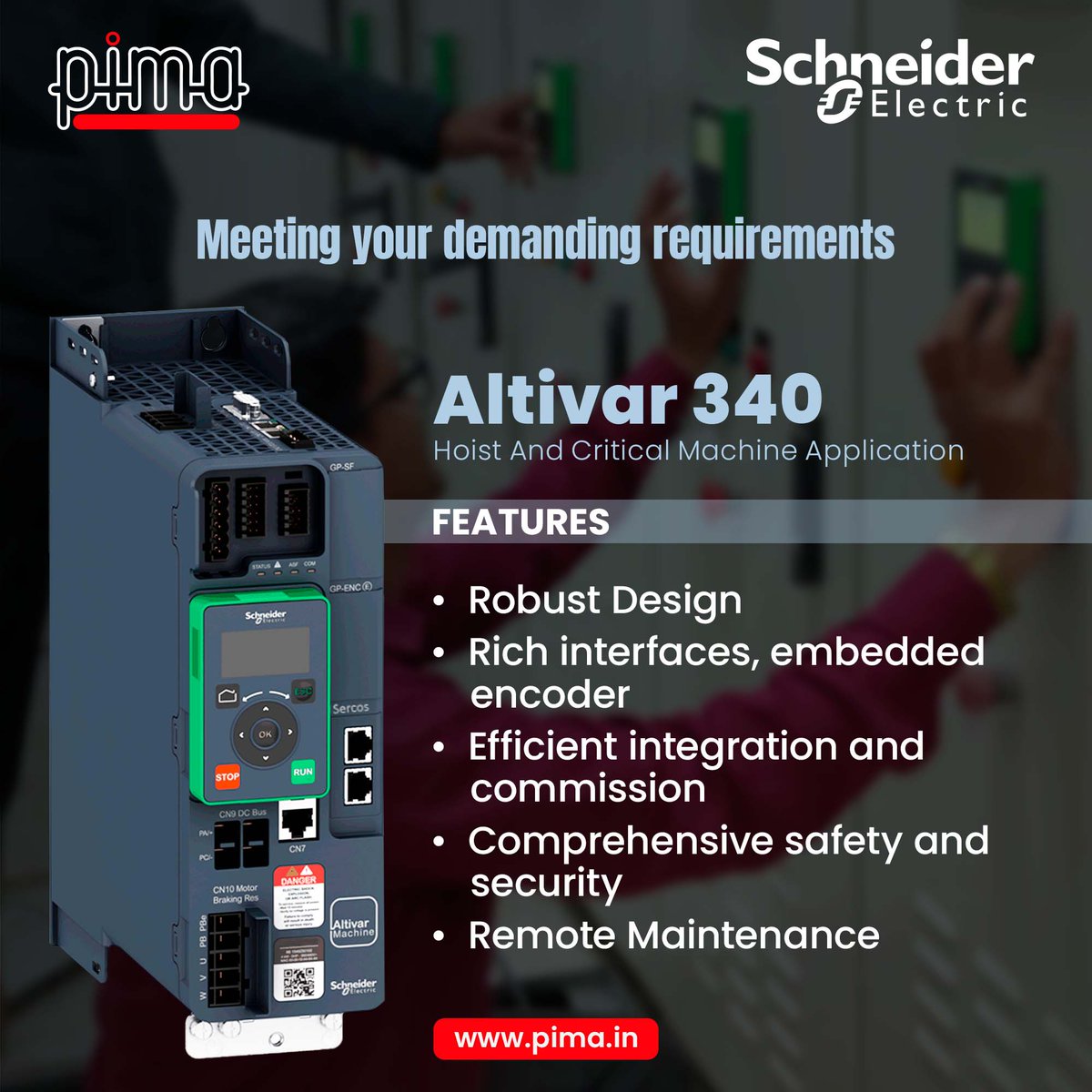 Its integration with Modbus, Ethernet and SERCOS protocols allows remote monitoring availability through Smart Manufacturing, and safety options can proactively provide human and industrial process protections.
Visit our website today at pima.in
#Altivar340