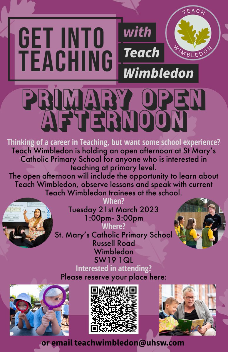 TeachWimbledon's tweet photo. Thinking of a career in Primary teaching, but want some experience? Come along to our Primary afternoon at @StMarysPriWim on Tuesday 21st March! https://t.co/5wnTMQT4kx