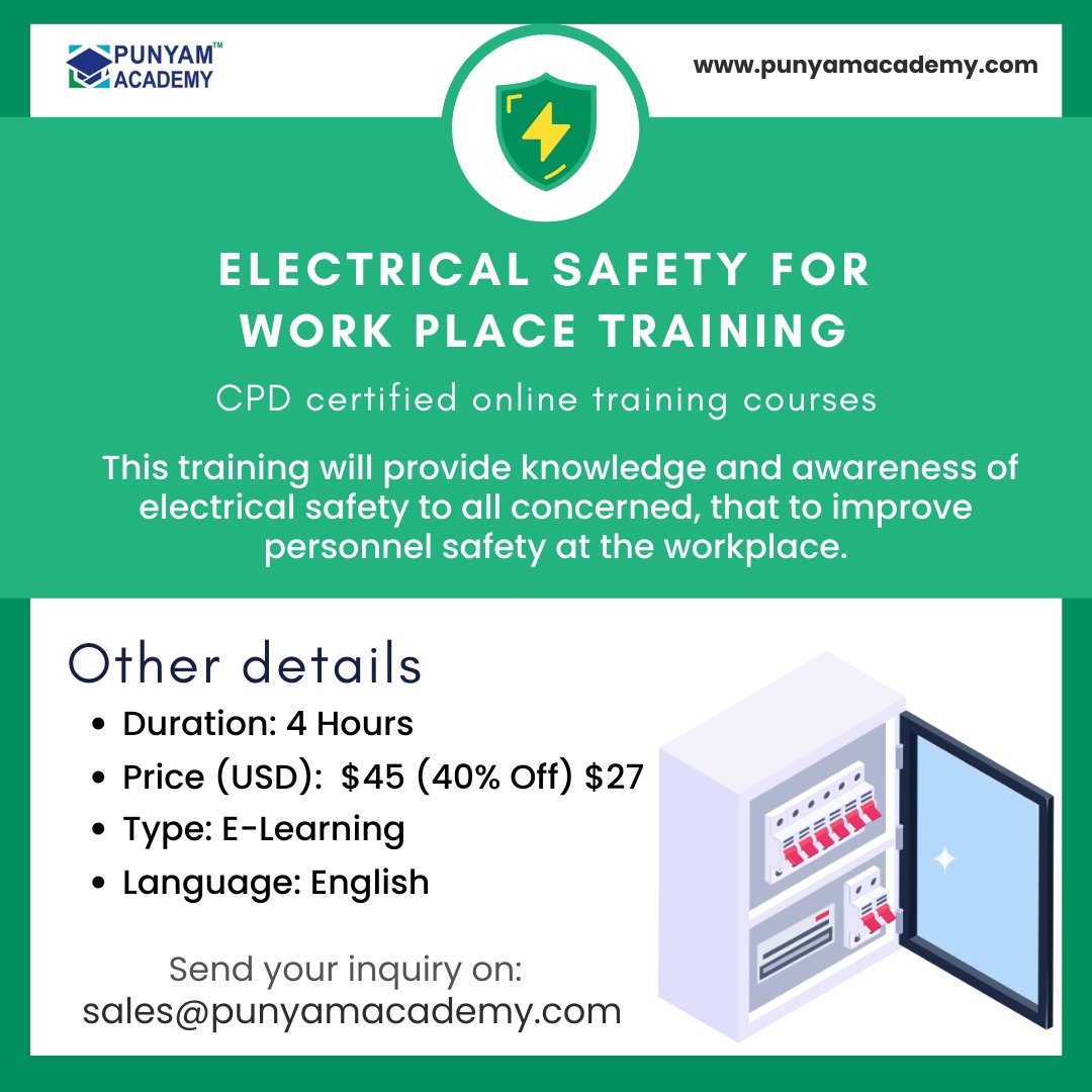 Electrical Safety Training – an online course
Find out more here:- 
punyamacademy.com/course/ohsa/el…

#electricsafety #safetyfirst #safety #electricenclosures #enclosures #enclosure #electricenclosure #electronicenclosure #aluminumenclosure #plasticenclosures #customizedmanufacturer