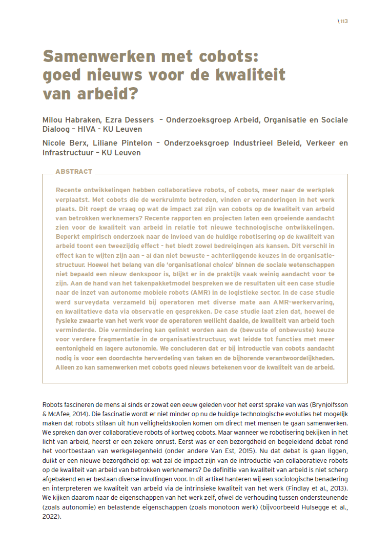 Hoe beïnvloeden collaboratieve robots ('cobots') de arbeidskwaliteit? Milou Habraken, <a href="/EzraDessers/">sɹǝssǝᗡ ɐɹzƎ</a>, <a href="/nicoleberx/">nicoleberx</a> en Liliane Pintelon beantwoordden de vraag in het decembernummer van #OverWerk. 
steunpuntwerk.be/publicaties/sa…