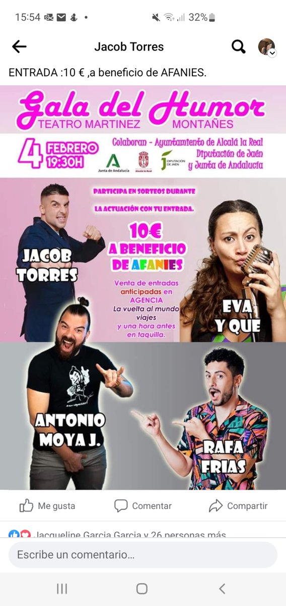 ¡Nos vemos el 4 de Febrero en Alcalá la Real(Jaén) en una maravillosa gala benéfica con estos genios de la comedia!

📍Teatro Martínez Montañés
🕢19:30

<a href="/EVAYQUE/">EVA Y QUÉ</a> <a href="/RafaFriasComico/">🎙Rafa Frías - Monologuista</a> #antoniomoyacomico <a href="/TeatroMartinez/">Martinez Montañes Teatro</a> <a href="/alcalalarealinf/">Alcalá la Real Inf</a> @Afanies