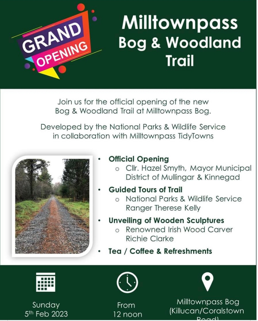 NEW Bog and Woodland trail opening in Milltownpass on Sunday 5th Feb to celebrate #WorldWetlandsDay with the unveiling of beautiful wooden sculptures @LIFEraisedbogs @HazelSmyth2019