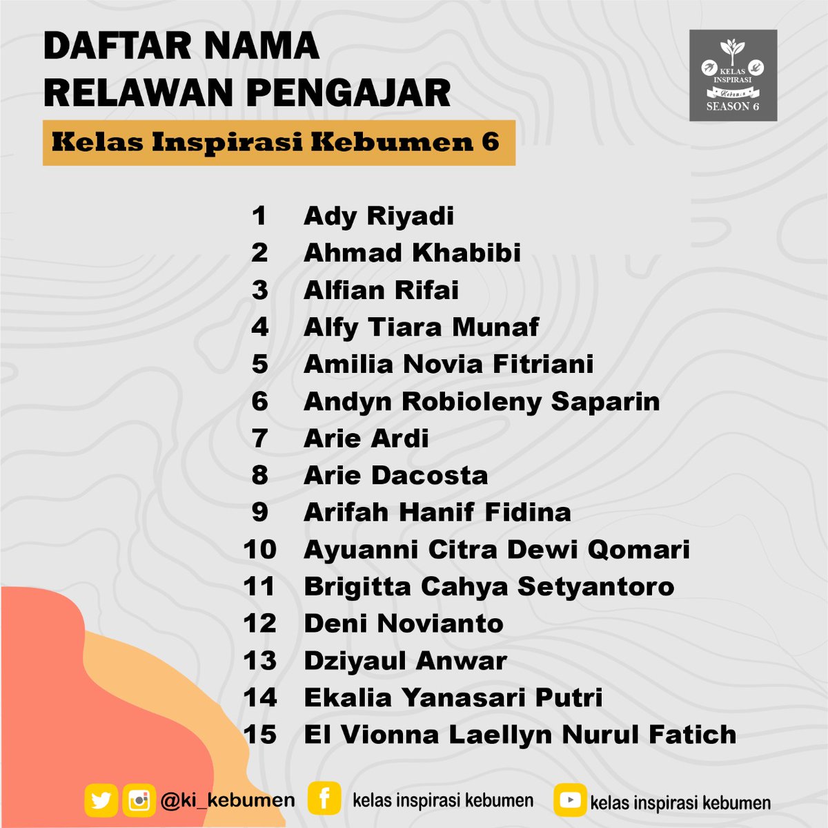 KI_Kebumen's tweet photo. Salam Inspirasi

Selamat kepada Relawan Pengajar Kelas Inspirasi Kebumen #6 terpilih. Selanjutnya, kakak akan dihubungi oleh panitia untuk dimasukan ke grup rombel masing-masing. Sampai jumpa di Kebumen 🤗
✨Menapak batu harapan, meraih puncak impian ✨
KELAS INSPIRASI KEBUMEN 6 https://t.co/tyJ9SWMDGq