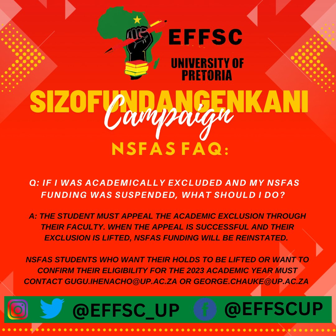 EFFYC_UP's tweet photo. ♦️♦️♦️MUST READ♦️♦️♦️
The EFFSC UP's FAQ answers on NSFAS
Victory is certain ♥️
#YouKnowWhereTheSolutionIs #UmsebenziWethu
#EFFSCUP
#EFFREDFRIDAY #SizofundaNgenkani #EFFTurns10 https://t.co/GqpTM0hm9x